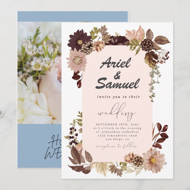 Burgundy Red Blush Gold Geometric Greenery Wedding Invitation (Front/Back)