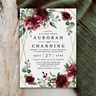 Burgundy Red Blush Gold Geometric Greenery Wedding Invitation