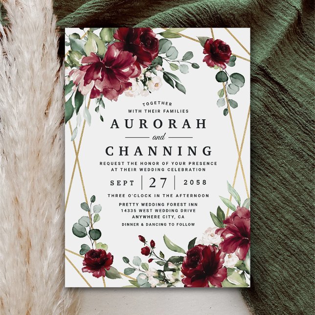 Burgundy Red Blush Gold Geometric Greenery Wedding Invitation (Creator Uploaded)