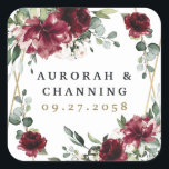 Burgundy Red Blush Gold Geometric Greenery Wedding Square Sticker<br><div class="desc">Design features a printed gold coloured geometric frame with floral elements in shades of burgundy,  red and blush over greenery,  eucalyptus and flower blooms.</div>
