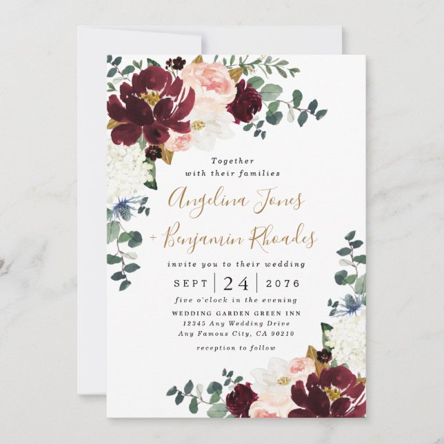 Burgundy Red Blush Pink and Gold Floral Wedding Invitation (Front)