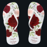 Burgundy Red & Blush Pink Boho Roses Wedding Thongs<br><div class="desc">Dance the night away with these beautiful wedding flip flops. The rustic boho chic design features hand painted watercolor roses in shades of burgundy, red, and blush pink, along with eucalyptus leaves and garden greenery. There is space for the names of the couple and wedding date below. Wonderful way to...</div>