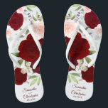 Burgundy Red & Blush Pink Boho Roses Wedding Thongs<br><div class="desc">Dance the night away with these beautiful wedding flip flops. The rustic boho chic design features hand painted watercolor roses in shades of burgundy, red, and blush pink, along with eucalyptus leaves and garden greenery. There is space for the names of the couple and wedding date below. Wonderful way to...</div>