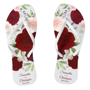 Burgundy Red & Blush Pink Boho Roses Wedding Thongs