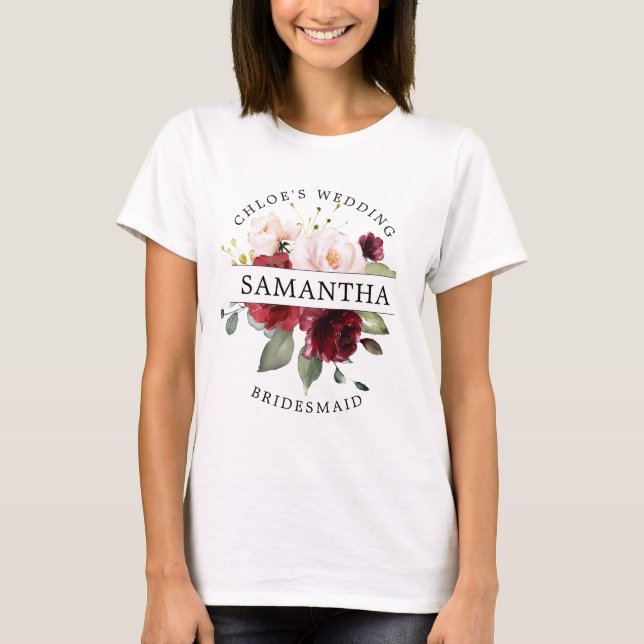 Burgundy Red Blush Pink Floral Bridesmaid T-Shirt (Front)