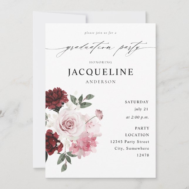 Burgundy Red & Blush Pink Floral Graduation Party Invitation (Front)