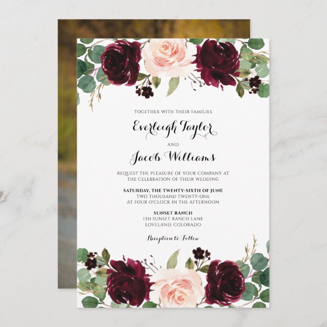 Burgundy Red Blush Pink Floral Photo Wedding Invitation (Front/Back)