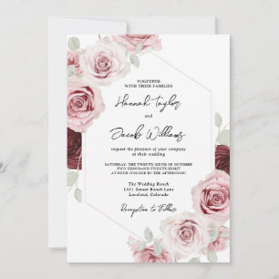 Burgundy Red Blush Pink Floral QR Code Wedding Invitation