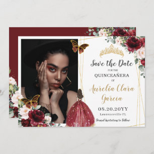 Burgundy Red Blush Pink Floral Quinceañera Photo Save The Date