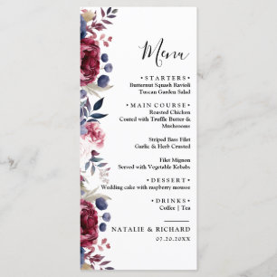 Burgundy Red blush pink floral watercolor wedding Menu