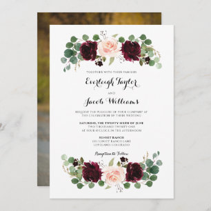Burgundy Red Blush Pink Photo Floral Wedding Invitation