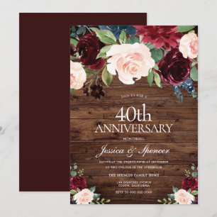 Burgundy Red Blush Rustic 40th Wedding Anniversary Invitation