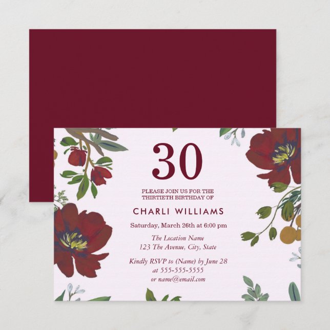 Burgundy Red Boho 30th Birthday Party Invite (Front/Back)