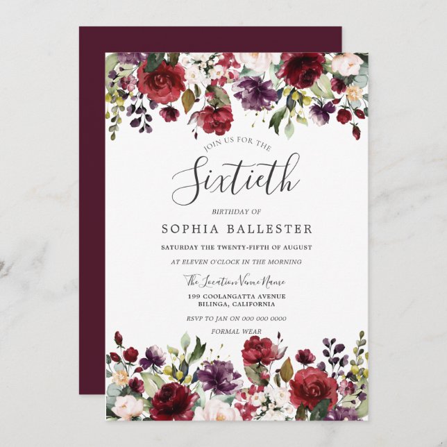 Burgundy Red Boho 60th Sixtieth Birthday Party Invitation (Front/Back)