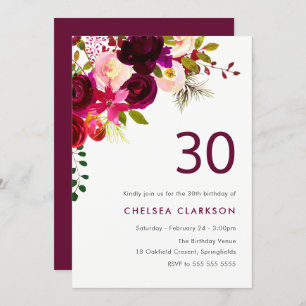 Burgundy Red Boho Floral 30th Birthday Party Invitation