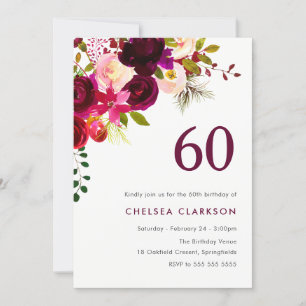 Burgundy Red Boho Floral 60th Birthday Party Invitation