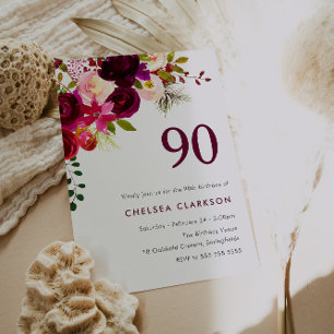 Burgundy Red Boho Floral 90th Birthday Party Invitation