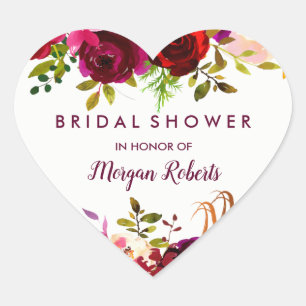 Burgundy Red Boho Floral Bridal Shower Heart Sticker