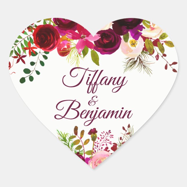 Burgundy Red Boho Floral Engagement Party Wedding Heart Sticker (Front)