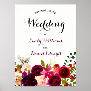Burgundy Red Boho Floral Watercolor Wedding Poster
