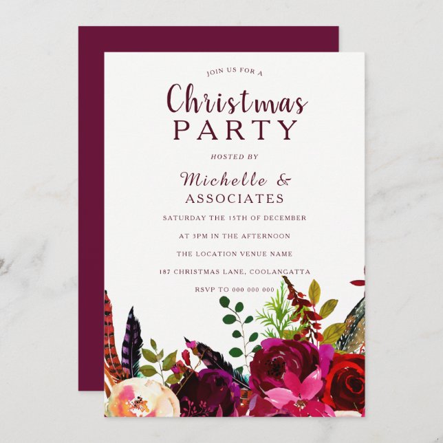 Burgundy Red Boho Floral Work Christmas Party Invitation (Front/Back)