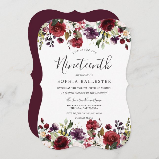 Burgundy Red Botanical 19th Birthday Party Invitation (Front/Back)