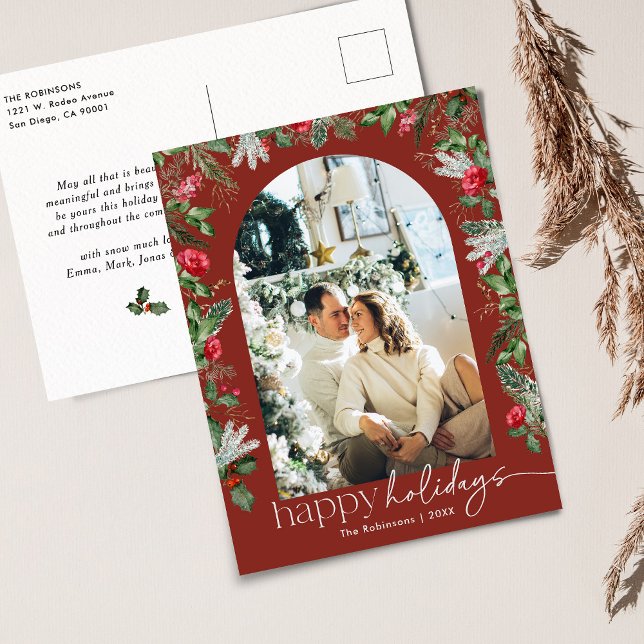 Burgundy Red Botanical Foliage Arch 1Photo Holiday Postcard (Creator Uploaded)