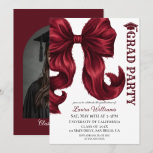 Burgundy Red Bow Graduation Photo Invitation