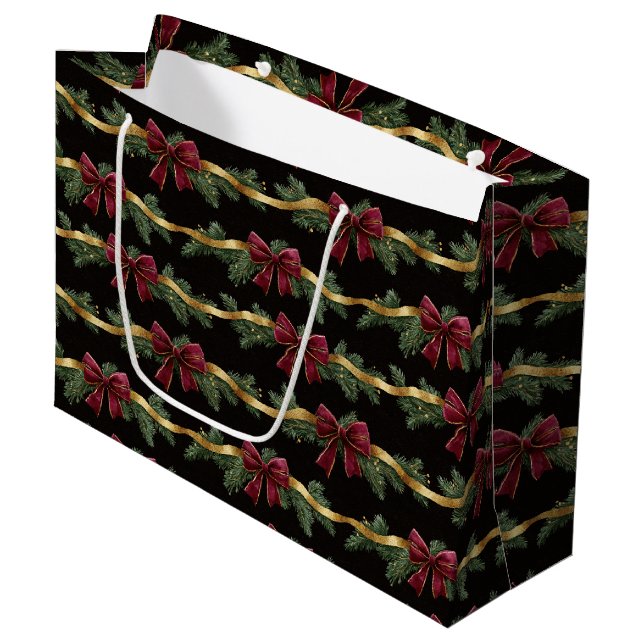 Burgundy Red Bows Gold Ribbons Christmas Large Gift Bag (Front Angled)