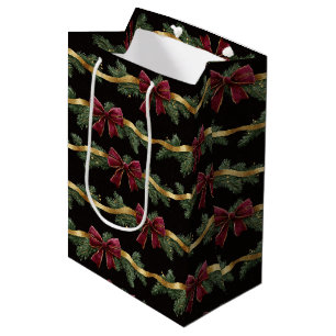 Burgundy Red Bows Gold Ribbons Christmas Medium Gift Bag