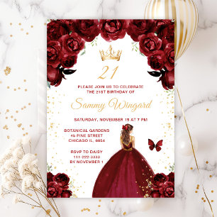 Burgundy Red Brown Hair Princess Birthday Party Invitation