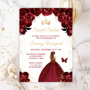 Burgundy Red Brown Hair Princess Sweet Sixteen Invitation