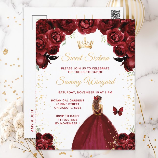Burgundy Red Brown Hair Princess Sweet Sixteen Postcard (Creator Uploaded)