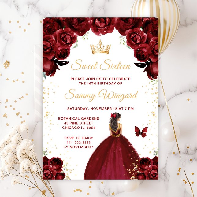 Burgundy Red Brunette Hair Princess Sweet Sixteen Invitation (Creator Uploaded)