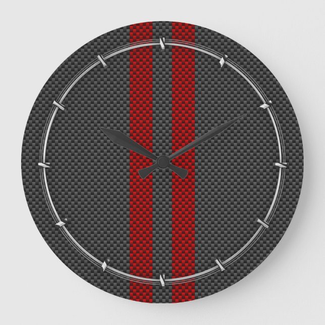Burgundy Red Carbon Fibre Like Racing Stripes Large Clock (Front)