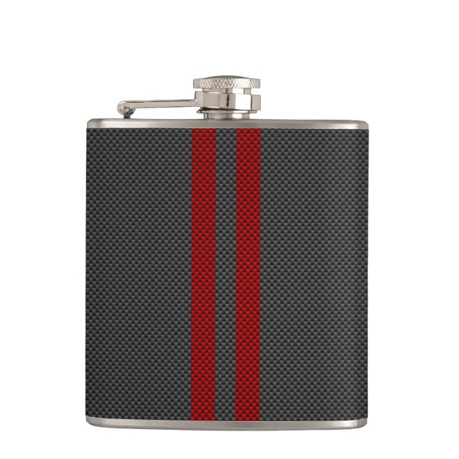 Burgundy Red Carbon Fibre Style Stripes Hip Flask (Front)