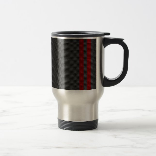 Burgundy Red Carbon Fibre Style Stripes Travel Mug (Right)