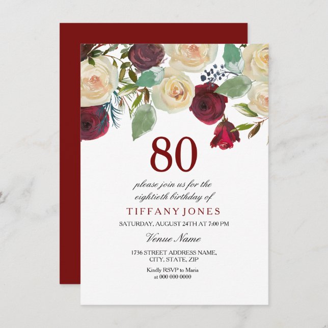 Burgundy Red Champagne white roses 80th birthday Invitation (Front/Back)