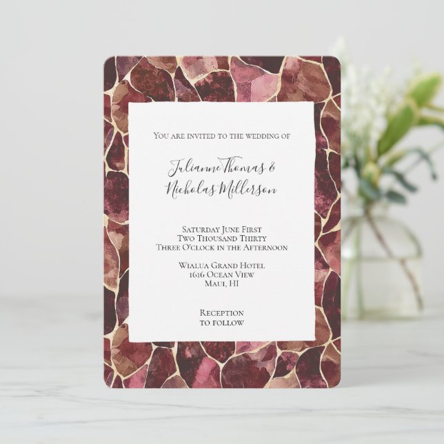Burgundy Red Chic Abstract Wedding Invitation (Standing Front)