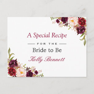 Burgundy Red Chic Floral Bridal Shower Recipe Postcard