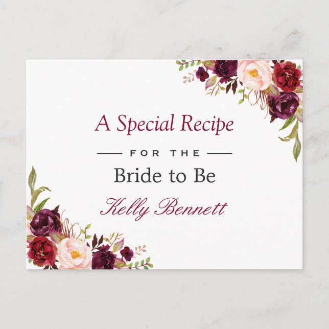 Burgundy Red Chic Floral Bridal Shower Recipe Postcard (Front)
