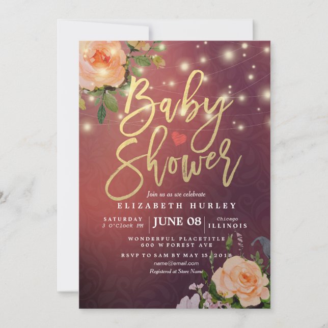 Burgundy Red Chic Floral String Lights Baby Shower Invitation (Front)