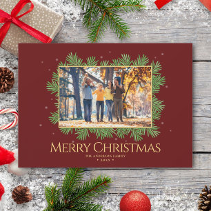 Burgundy Red Christmas Botanical Family Photo Holiday Card
