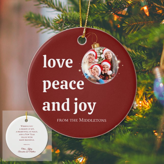 Burgundy Red Christmas Family Photo Love Peace Joy Ceramic Ornament (Creator Uploaded)