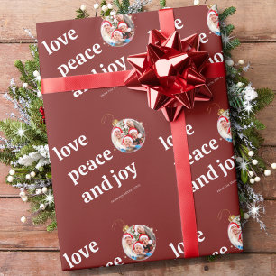 Burgundy Red Christmas Family Photo Love Peace Joy Wrapping Paper