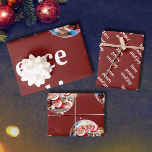 Burgundy Red Christmas Family Photo Love Peace Joy Wrapping Paper Sheet