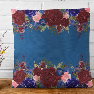 Burgundy Red Classic Blue Navy Rose Flower Cushion