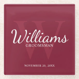 Burgundy Red Classic Script Personalised Groomsmen Glass Coaster