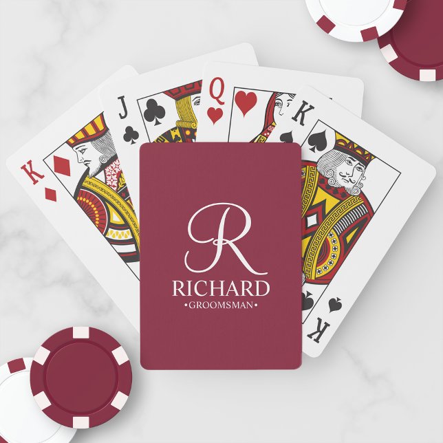Burgundy Red Classic Script Personalised Groomsmen Playing Cards (Creator Uploaded)