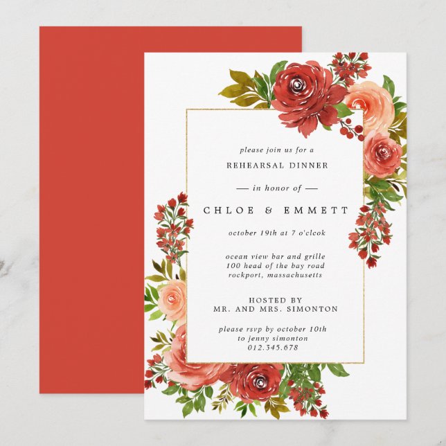 Burgundy Red Coral Pink Floral Rehearsal Dinner Invitation (Front/Back)